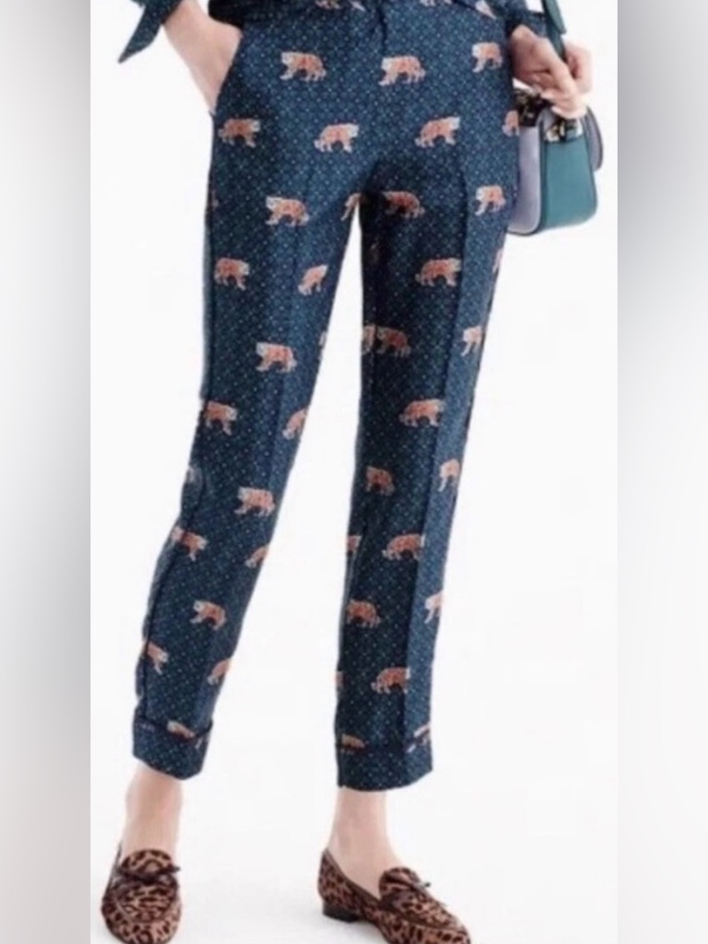 J. Crew Navy Polka Dot Pants with Pink Tiger Print